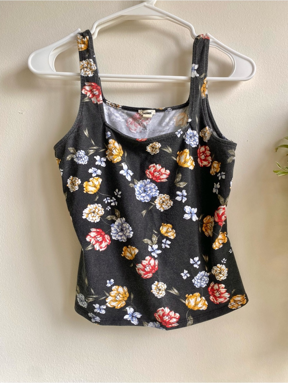 Vintage Floral Tank Top - Black with Red, Yellow & Blue Flowers